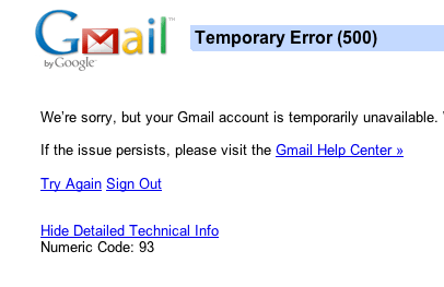 Gmail Error 500 Code 93